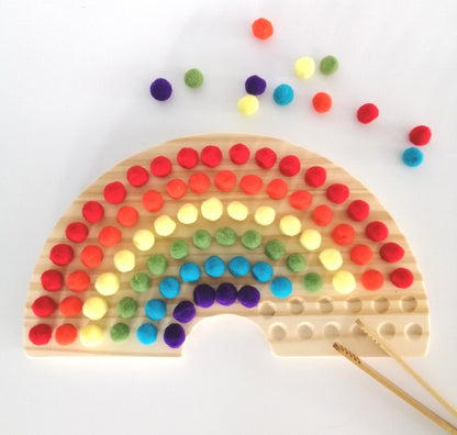 Wooden Rainbow Board with Pom Poms